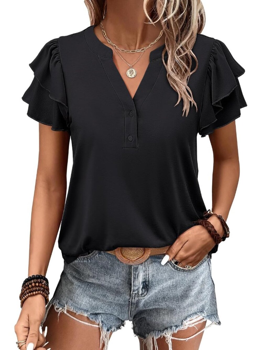 Womens Tops Dressy Casual Blouse Flutter Short Sleeve Shirts
